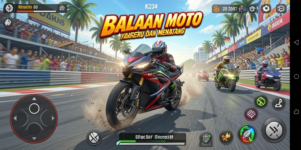 Screenshot menampilkan aksi balapan motor yang mendebarkan.