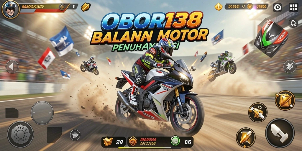 Tampilan gameplay OBOR138 yang mendebarkan dengan balapan motor cepat.