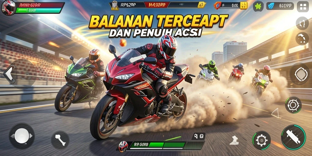 Screenshot gameplay RP62RP menampilkan balapan motor yang intens dan penuh aksi.